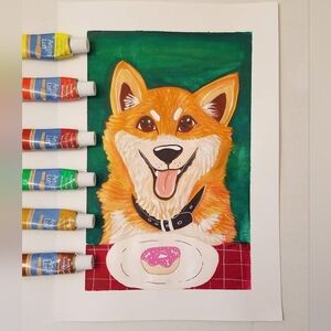 Shiba Inu with Donut | Pet Portrait | Original Gouache Painting